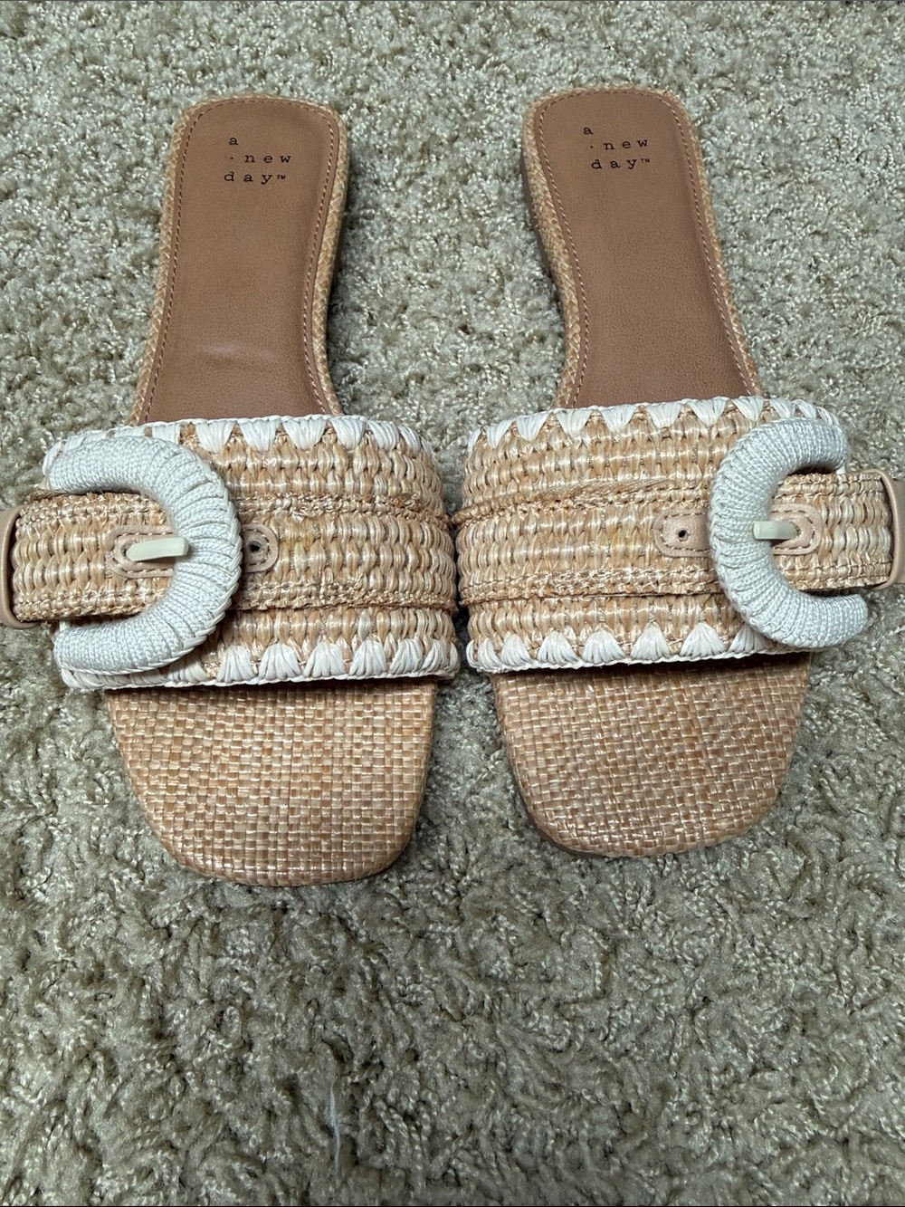 a new day Tan Woven Slide Mules with White Buckle Accent size 7.5